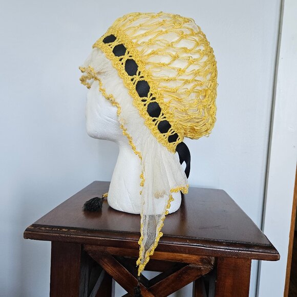 Victorian Yellow Crocheted Sleeping Cap with Black Grosgrain Ribbon main image 6